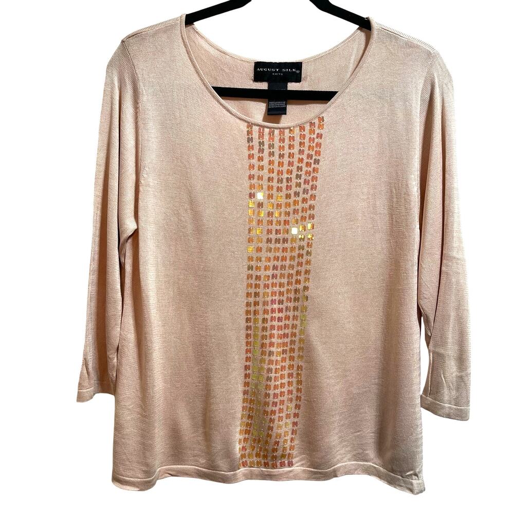 August Silk Knits Sequin 3/4 Sleeve Blouse 100% Silk Sweater Women's Large